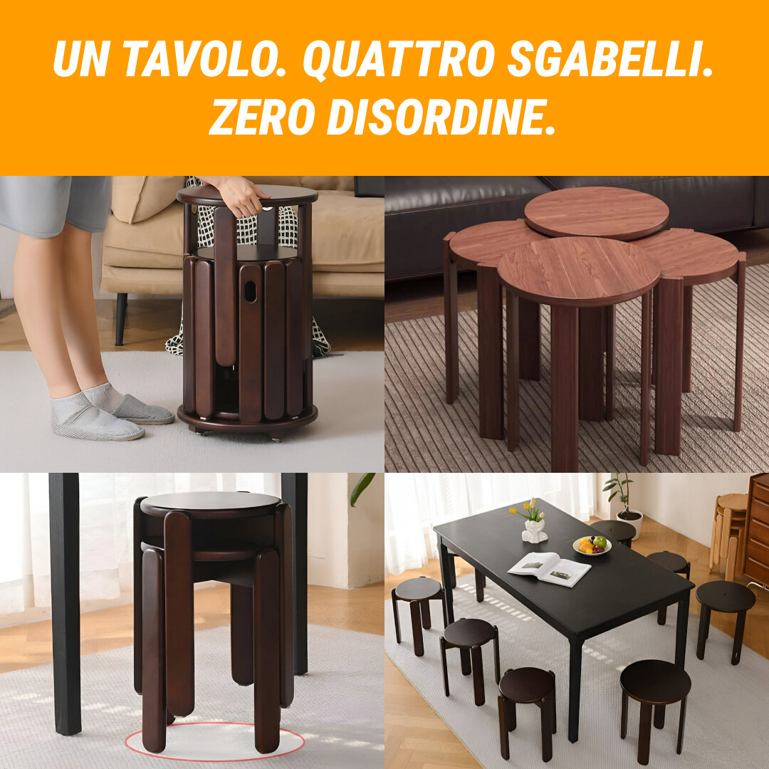 Quado™ - Tavolino multifunzione 4-in-1 in legno massello con sgabelli integrati - immagine 2